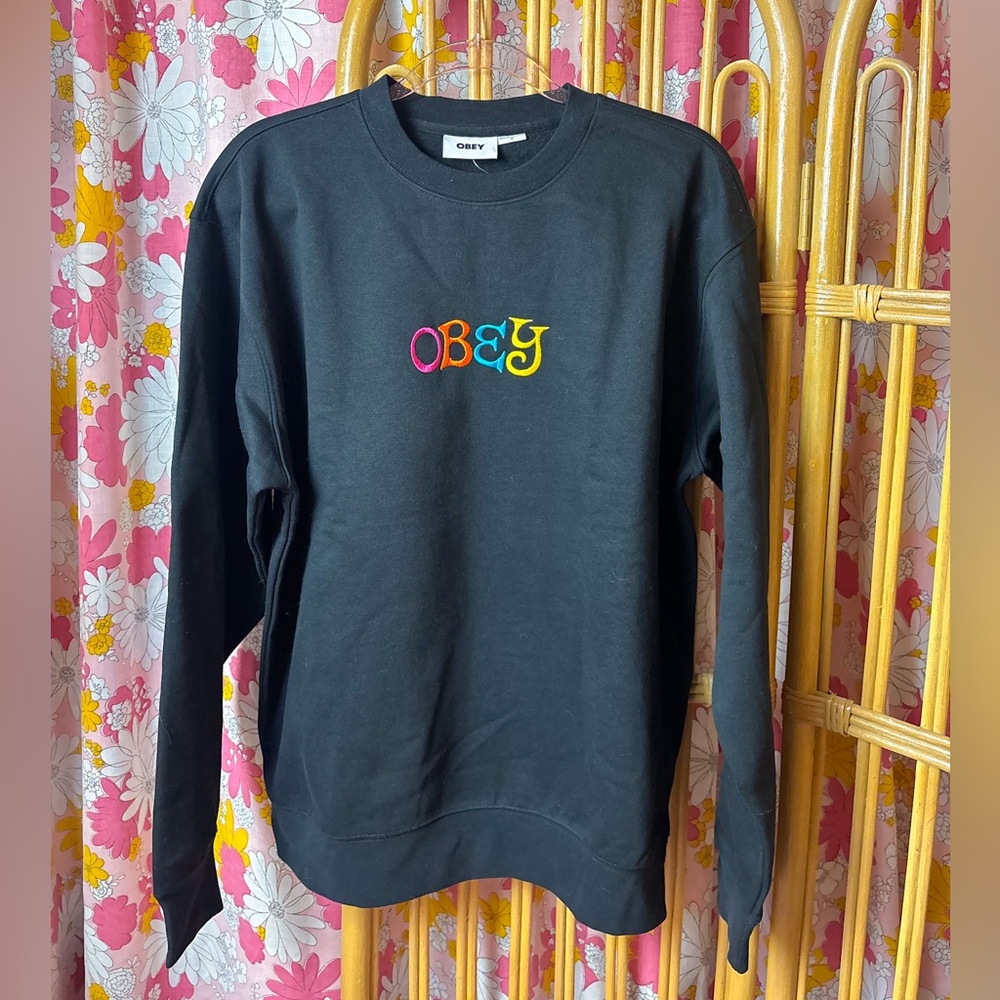 Obey Black Crewneck Sweatshirt with Rainbow Logo SZ M